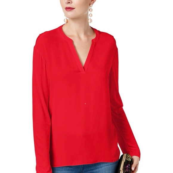 INC International Concepts Tops - INC-International Concepts- Women's Red V-Neck Long-Sleeve Blouse Size: Large